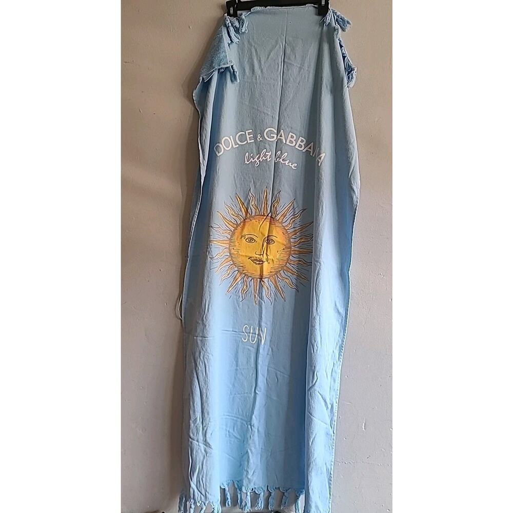 NWOT Dolce & Gabbana light blue sun cotton beach towel w/fringe 63" x 28"